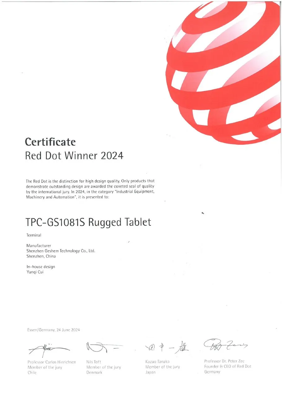 Certificado Red Dot Winner 2024 de la tablet robusta TPC-GS1081S