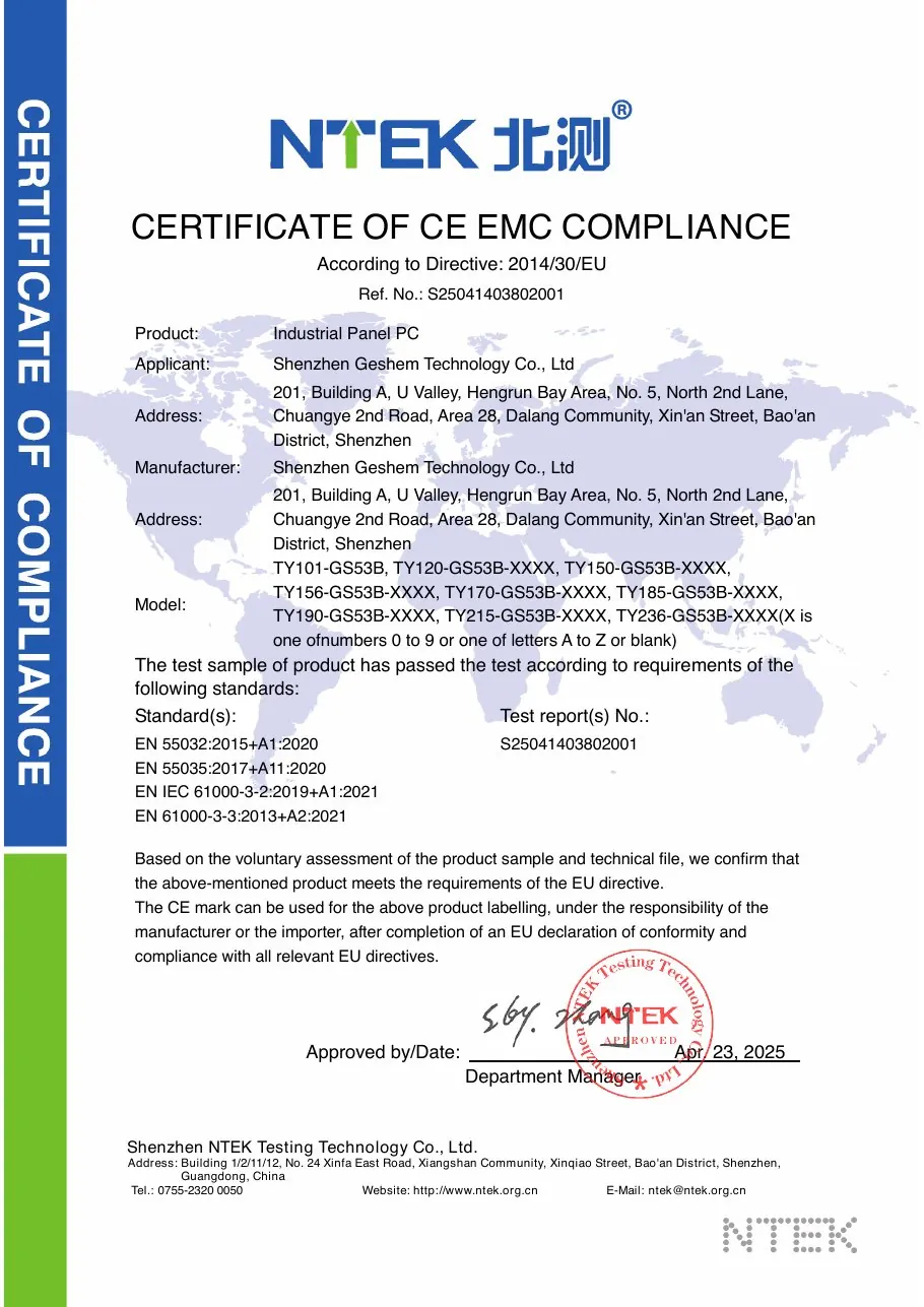 Certificado de conformidad CE EMC de la serie TY101-GS53B